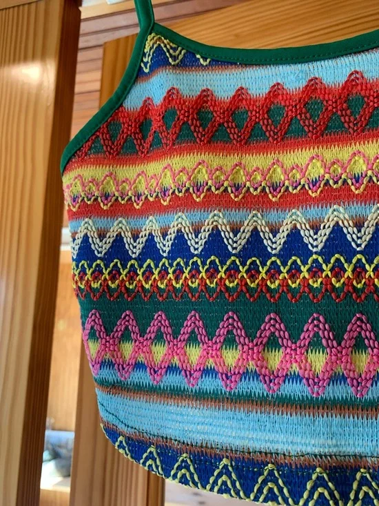 Women’s Junior’s NWOT Shein Striped Geo Crochet Knit Colorful Crop Tank Top XS - Picture 2 of 4